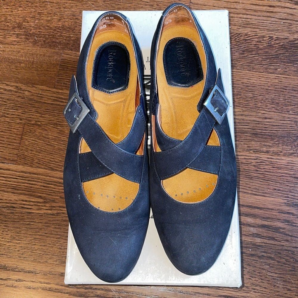 Rockport black suede “Somerdale” crisscross black flats